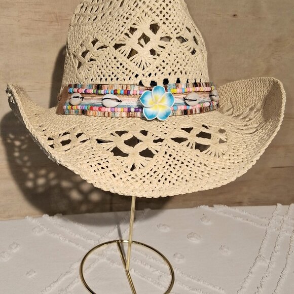 Boho CreamTribal Band Tycoon Crown Crochet Hollow Straw Cowboy Hat Festival - Picture 4 of 12